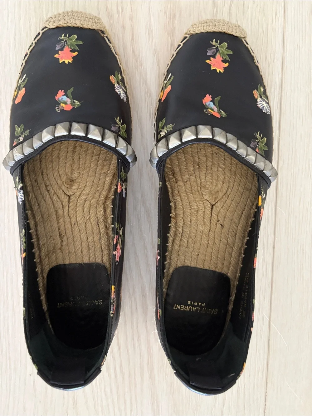 Saint Laurent Black Floral Espadrilles with Silver Stud Trim